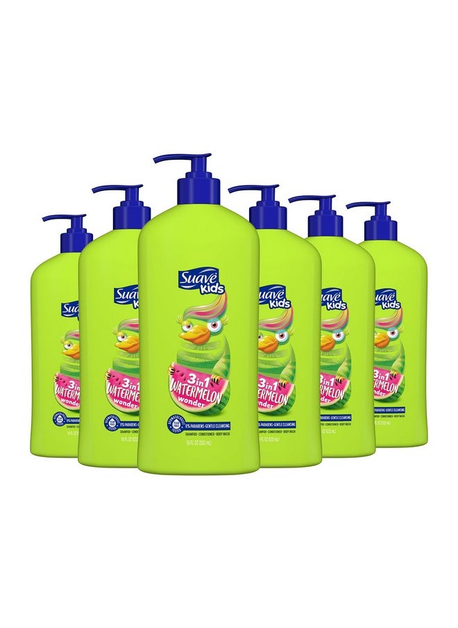 Kids 3-In-1 Tear Free, Body Wash, Shampoo And Conditioners, Dermartologist Tested, Watermelon Wonder, 18 Oz Pack Of 6