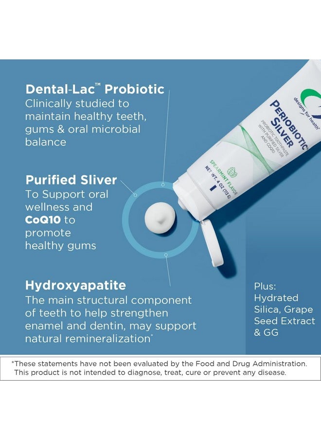 Periobiotic Silver Hydroxyapatite Toothpaste - Fluoride Free Toothpaste With Oral Probiotics With Whitening Hydroxyapatite - Supports Gum Health & Remineralization (4Oz Mint)