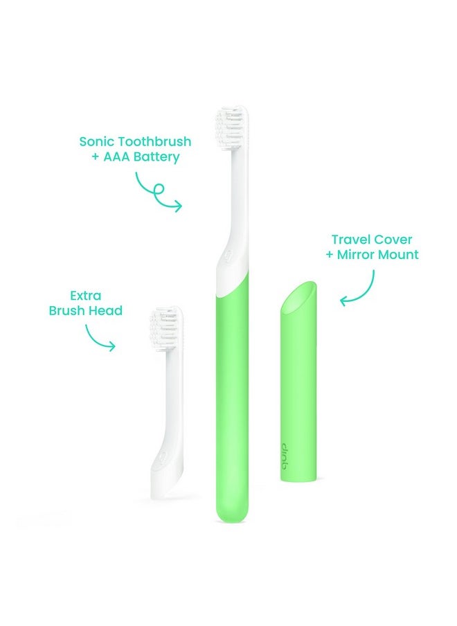 Sonic Toothbrush For Kids With Timer - Includes Extra Brush Head And Travel Cover Mount - Electric, Soft Bristle Refill Head, Rubber Handle, 3 Month Battery Life - Glow In The Dark, Green