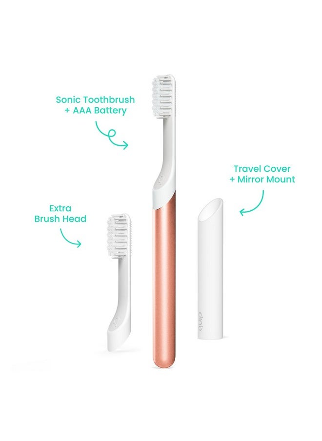 Sonic Toothbrush For Adults With Timer - Includes Extra Brush Head And Travel Cover Mount - Electric, Soft Bristle Refill Head, Metal Handle, 3 Month Battery Life - Travel Toothbrush - Copper