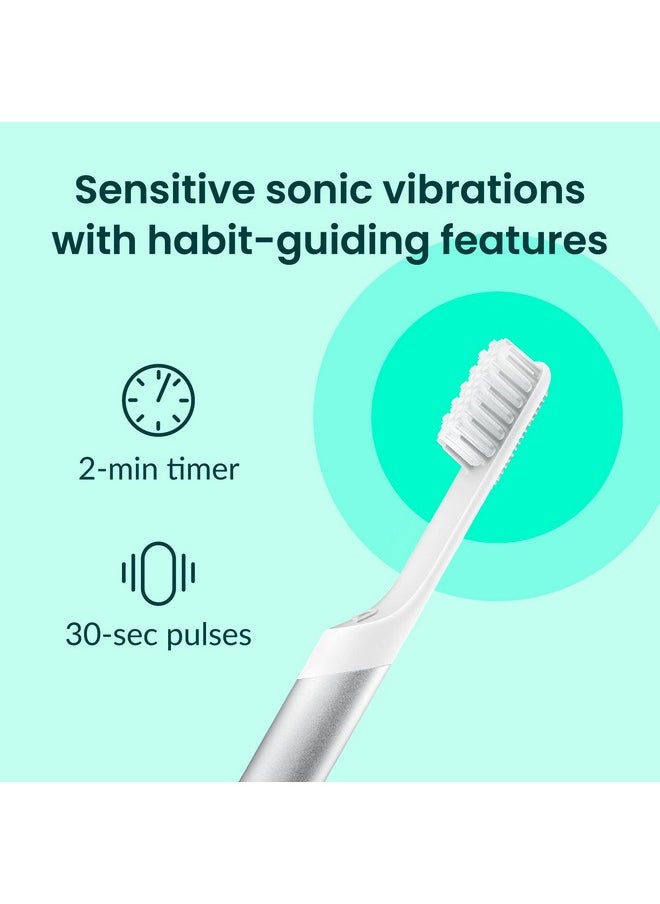 Sonic Toothbrush For Adults With Timer - Includes Extra Brush Head And Travel Cover Mount - Electric, Soft Bristle Refill Head, Metal Handle, 3 Month Battery Life - Travel Toothbrush - Silver