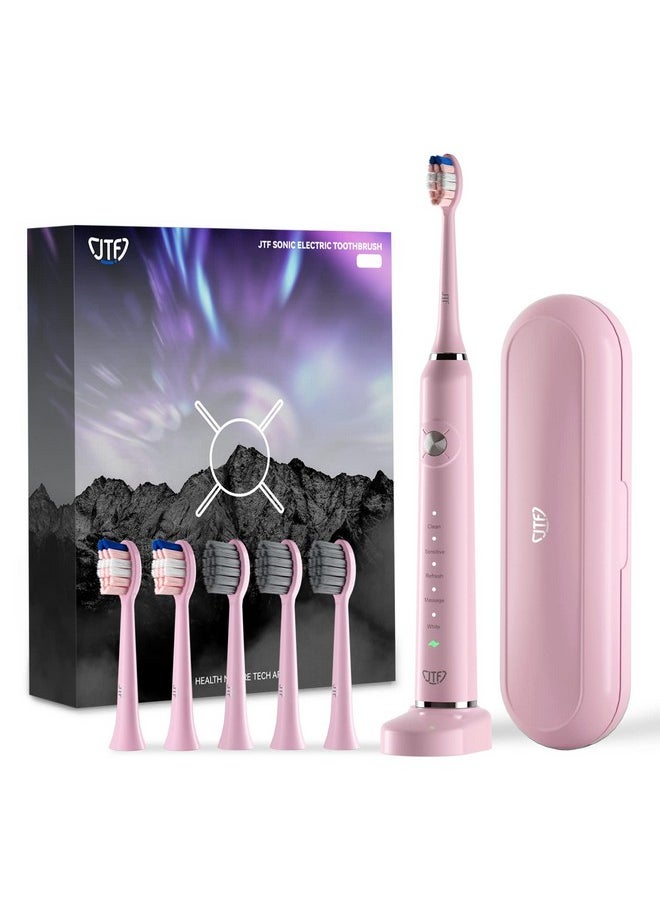 Sonic Electric Toothbrush - With Travel Case And 6 Brush Heads, Fast Charging Toothbrushes For 60 Days Long Lasting, 5 Modes Power Toothbrush For Women, Pink