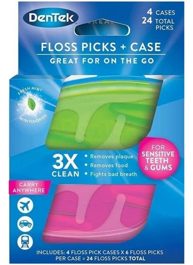 Floss Picks & Travel Case For On-The-Go, 4 Travel Cases With 6 Floss Picks Each, (Pack Of 4)