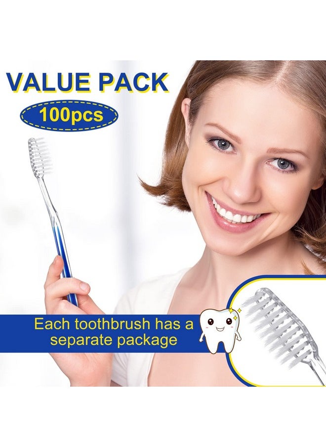 100 Pcs Individually Wrapped Toothbrush Bulk Disposable Travel Toothbrushes Soft Bristle Tooth Brush Single Pack For Camping Adults Kids Hotels Guest Toiletries (Blue)