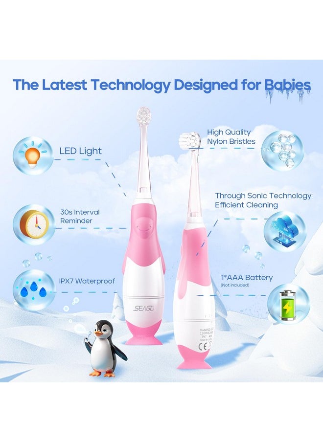 Toddler Electric Toothbrushes For Baby Ages 0-3 Years, Baby Toothbrush With Smart Timer And Suction Base, 4 Replacement Brushheads (Pink-C)