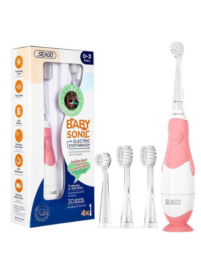 Toddler Electric Toothbrushes For Baby Ages 0-3 Years, Baby Toothbrush With Smart Timer And Suction Base, 4 Replacement Brushheads (Pink-C)