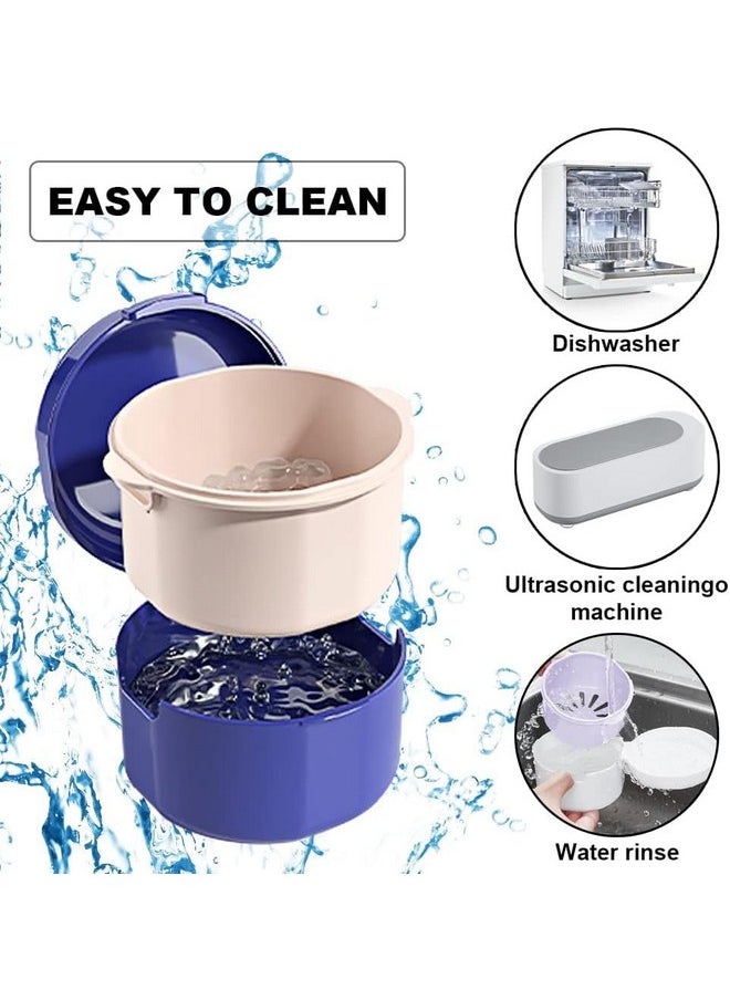 Denture Bath Case, Retainer Case With Strainer Basket, 3-Layer Denture Case, Portable Denture Cups, Retainer Cleaner Case, For Soaking Cleaning Dentures And Storage (Blue)