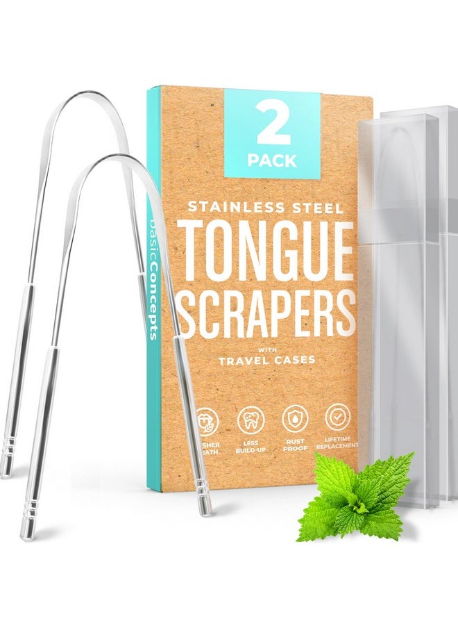 Tongue Scraper (2 Pack), Reduce Bad Breath (Travel Cases Included), Stainless Steel Tongue Cleaners, Metal Tongue Scraper, Tongue Scraper For Adults - Fresher Breath In Seconds