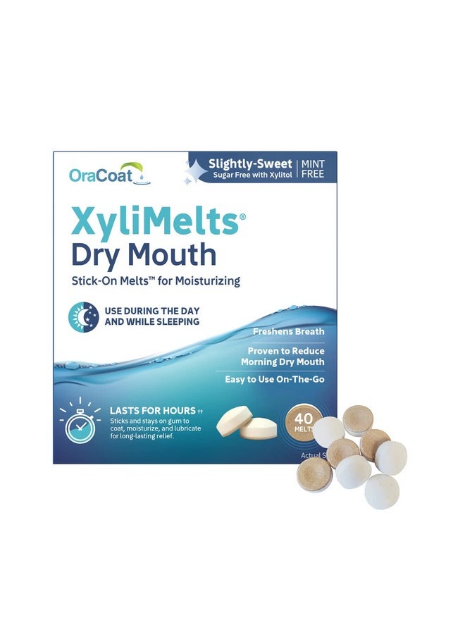 Xylimelts Dry Mouth Relief Moisturizing Oral Adhering Discs 40 Count, Slightly-Sweet With Xylitol, For Dry Mouth, Stimulates Saliva