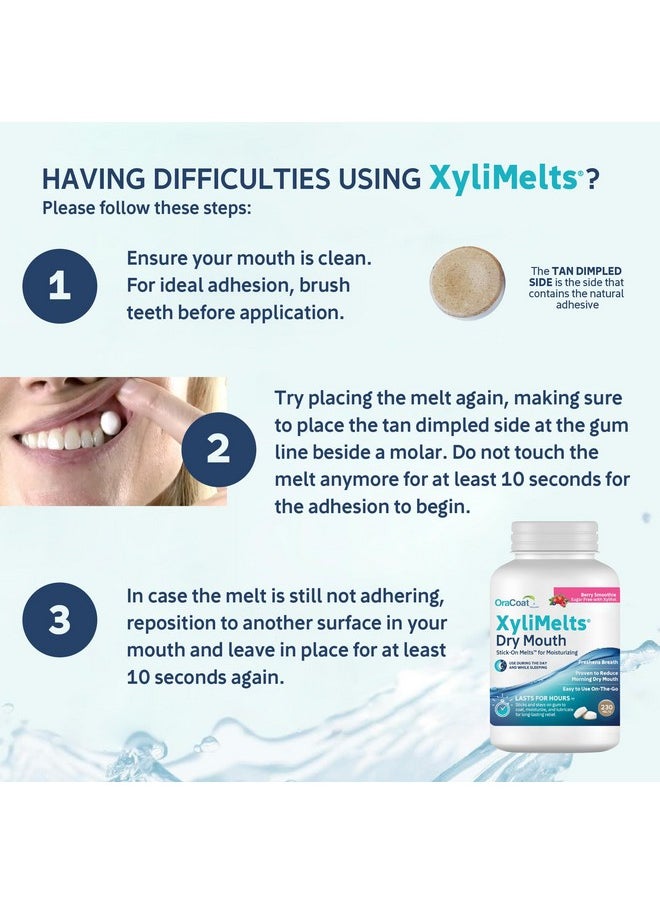 Xylimelts Dry Mouth Relief Moisturizing Stick-On Melts Berry Smoothie With Xylitol, For Dry Mouth, Stimulates Saliva, Non-Acidic, Day And Night Use, Time Release For Up To 8 Hours, 230 Count