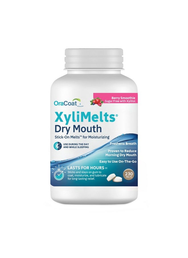 Xylimelts Dry Mouth Relief Moisturizing Stick-On Melts Berry Smoothie With Xylitol, For Dry Mouth, Stimulates Saliva, Non-Acidic, Day And Night Use, Time Release For Up To 8 Hours, 230 Count