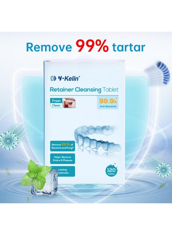 Retainer And Denture Cleaner 120 Tablets For 4 Months Removes Stains Plaque Odors For Dentures Retainers Mouth Guard And Removable Dental Appliances (120 Pcs, Mint)