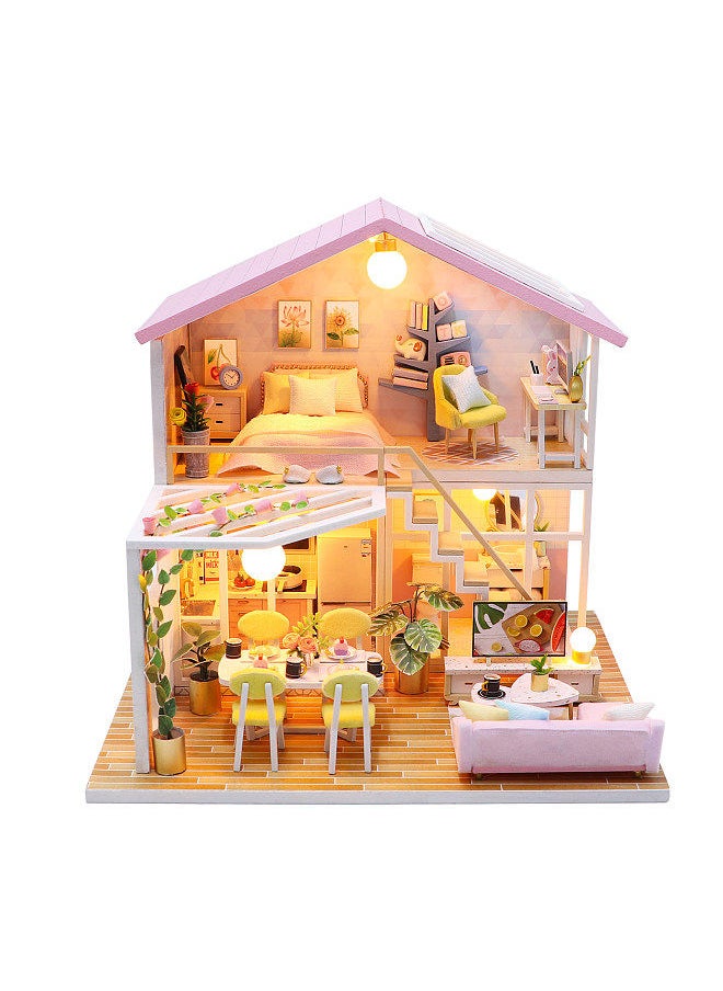 Dollhouse Miniature DIY Wooden Dollhouse Kit with Furniture with LED Light Music Sweet Time