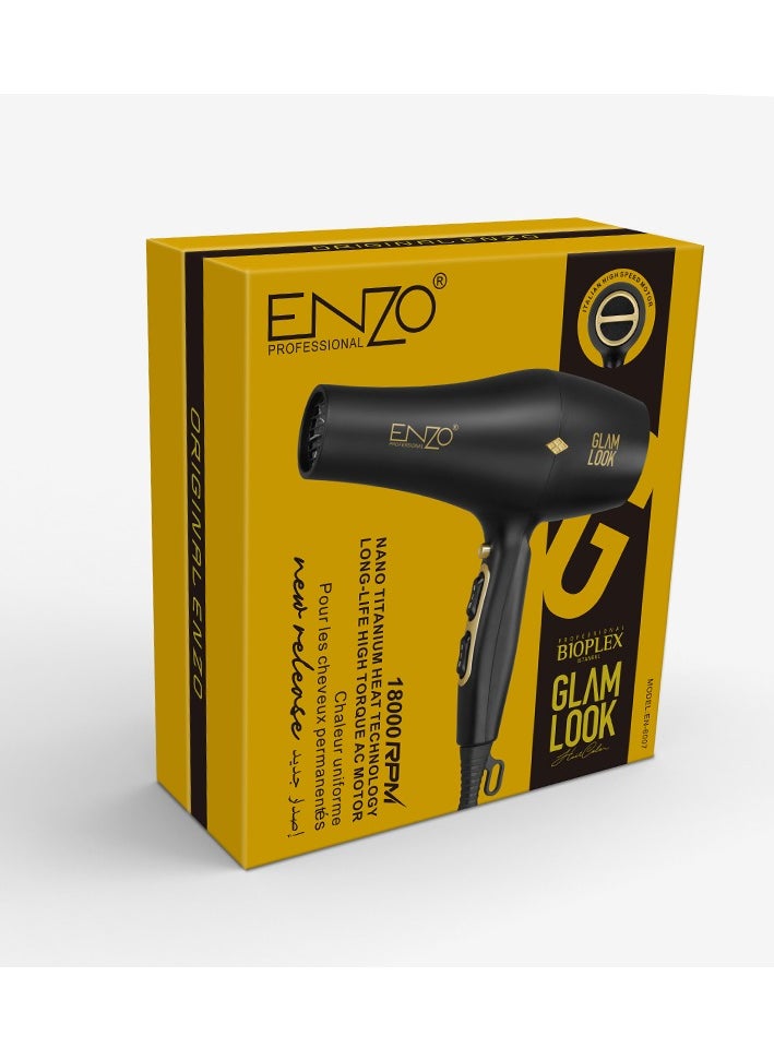 ENZO EN-6007 2000W Professional Blow Dryer - High-Power Hair Dryer with Ionic Technology, Multiple Heat & Speed Settings, Cool Shot Button, and Removable Filter - Ideal for Salon & Home Use - International Version