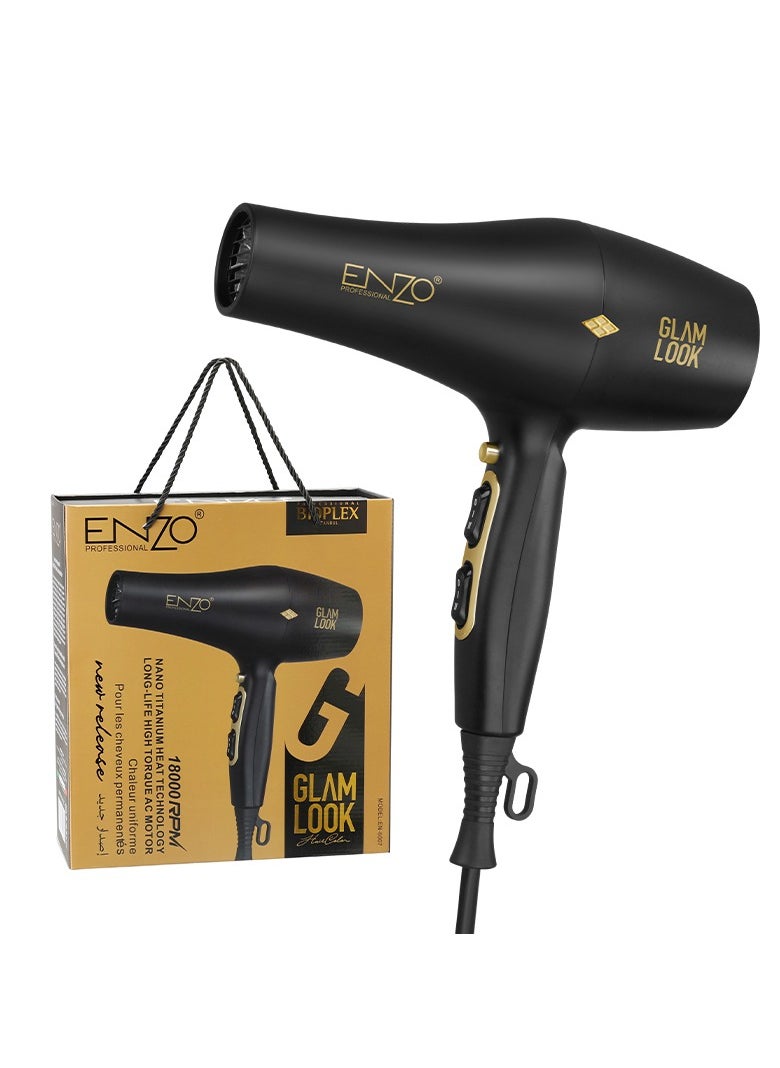 ENZO EN-6007 2000W Professional Blow Dryer - High-Power Hair Dryer with Ionic Technology, Multiple Heat & Speed Settings, Cool Shot Button, and Removable Filter - Ideal for Salon & Home Use - International Version