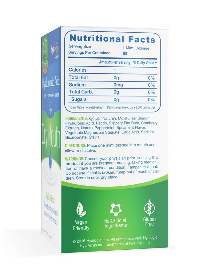 Hyamints Breath Mints For Dry Mouth- Sugar Free Mint Flavor- Natural Breath Freshener W/Hyaluronic Acid, Cranberry Extract, Xylitol, Slippery Elm, Orange Pectin (60 Count)