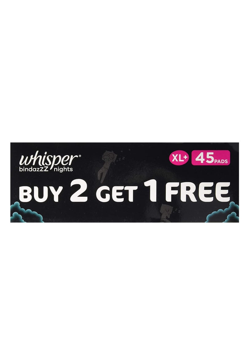 WHISPER BINDAZZZ NIGHTS SANITARY PADS, 45 XL+ PADS, UPTO 0% LEAKS ALL NIGHT LONG, FOR HEAVY FLOW, 40% LONGER & WIDER BACK, COMFORTABLE CUSHIONY SOFT WINGS, DISPOSABLE WRAPPER