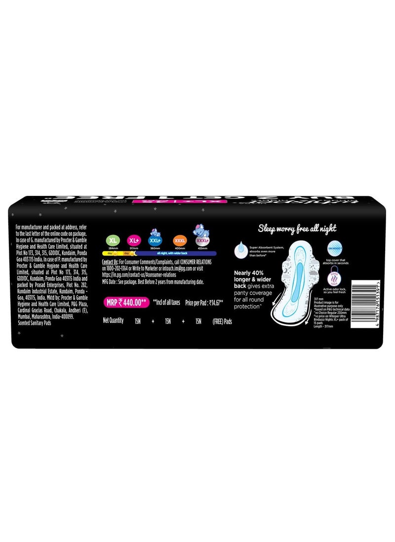 WHISPER BINDAZZZ NIGHTS SANITARY PADS, 45 XL+ PADS, UPTO 0% LEAKS ALL NIGHT LONG, FOR HEAVY FLOW, 40% LONGER & WIDER BACK, COMFORTABLE CUSHIONY SOFT WINGS, DISPOSABLE WRAPPER