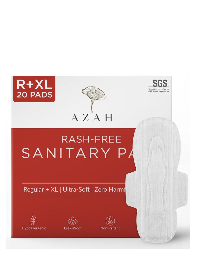 AZAH Sanitary Pads for Women (10 Reg + 10 XL) [Pack of 20] 100% Rash-Free sanitary napkins | 3x More Absorption, Cottony Soft and Dry Top Cover for heavy Flow | Toxin Free, Locks Odour, Leak-Proof