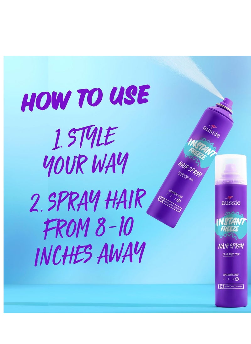 Aussie Instant Freeze Hair Spray for Extreme Hold, Infused with Jojoba Oil & Sea Kelp, Long-Lasting All-Day Hold, Fresh Citrus Scent, Safe for All Hair Types, 10 Fl Oz, 3 Pack