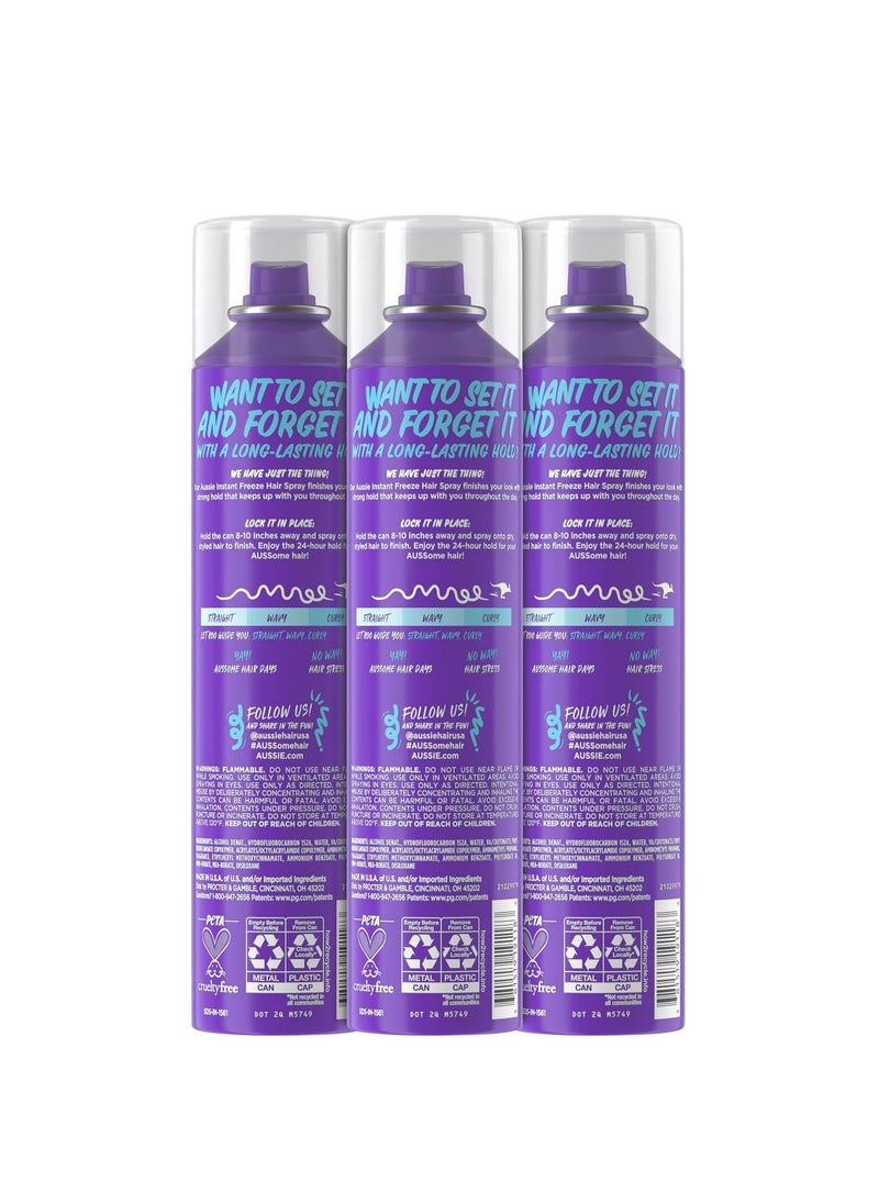 Aussie Instant Freeze Hair Spray for Extreme Hold, Infused with Jojoba Oil & Sea Kelp, Long-Lasting All-Day Hold, Fresh Citrus Scent, Safe for All Hair Types, 10 Fl Oz, 3 Pack