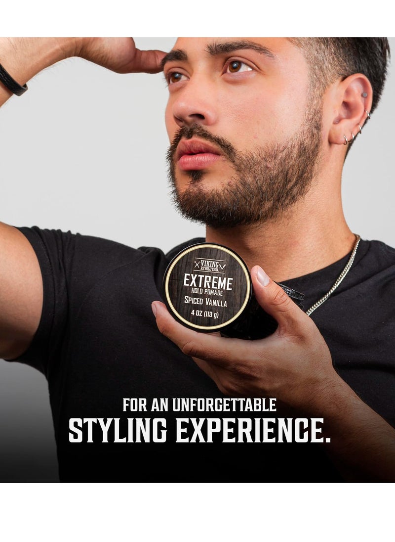 Viking Revolution Spiced Vanilla Hair Pomade for Men - Extreme Hold Hair Gel for Men Water Based - Mens Pomade Extra Firm Mens Hair Pomade Strong Hold - High Shine Mens Hair Cream (4oz)