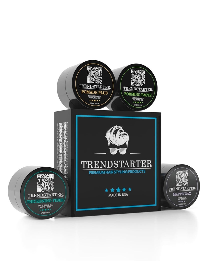 TRENDSTARTER - Men's Premium Hair Styling Sample Pack - Matte Wax - Forming Paste - Thickening Fiber - Pomade Plus (1 Sample Box - Four 0.25oz Samples)