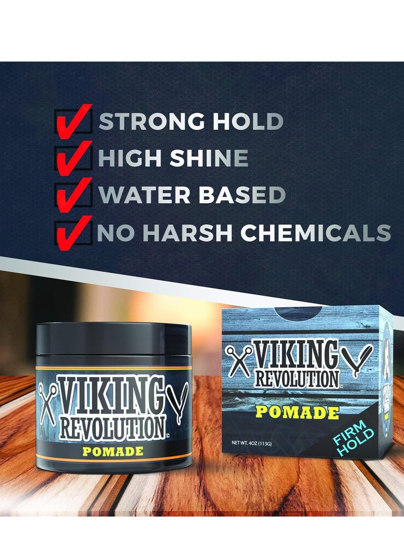 Viking Revolution Pomade for Men 4oz - Firm Strong Hold & High Shine for Classic Styling - Water Based & Easy to Wash Out (Firm, 1 Pack)