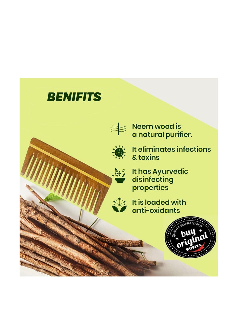 Rufiys Pure Neem Wooden Comb for Women & Men | Neem Wood Comb for Hair Growth | Wide Tooth Hair comb | Dandruff Comb