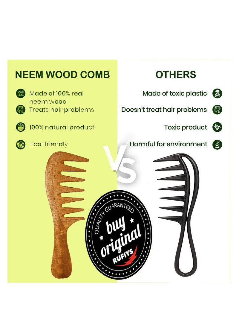 Rufiys Pure Neem Wooden Comb for Women & Men | Neem Wood Comb for Hair Growth | Wide Tooth Hair comb | Dandruff Comb