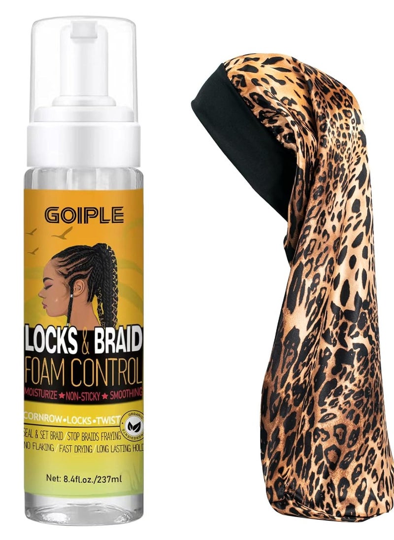 Braid and Loc Mousse for Hair Braiding, Twists, Braids and Locs - No Flake, Extra Hold, High Shine, Moisturizing, Frizz Control, Lightweight, Easy Application, with Leopard Silky Du-rag