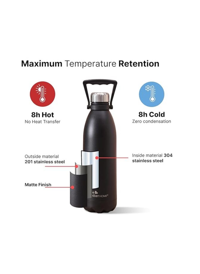 The Better Home 2 Ltrs Insulated Bottle | Doubled Wall 304 Stainless Steel | Stays Hot for 18 Hrs & Cold for 24 Hrs | Rustproof & Leakproof | Insulated Water Bottles (Black)