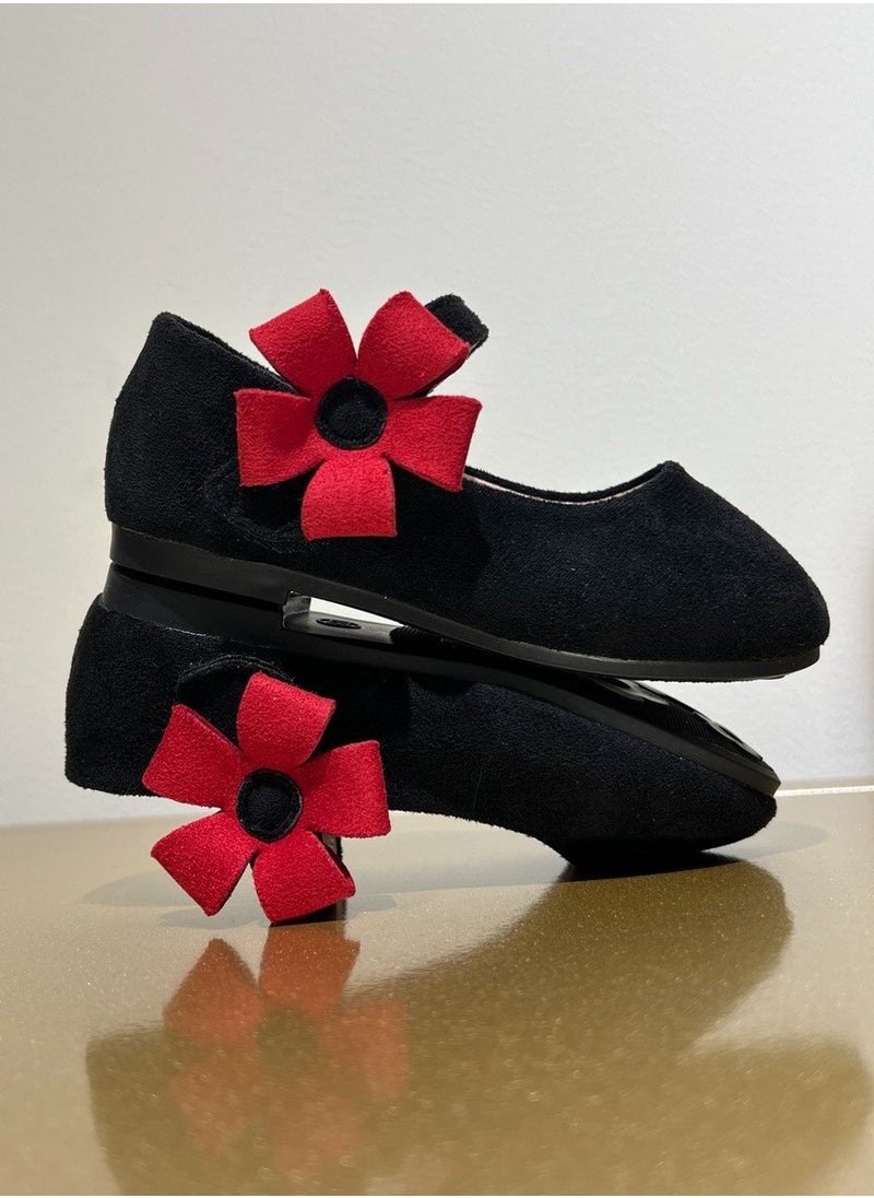 Kids Black Velvet Shoes with Red Flower Party Shoes for Birthday and Special Occasions Kids Shoes