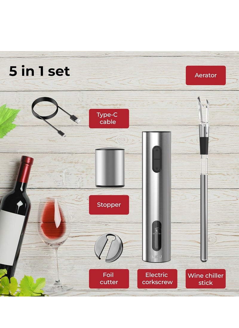 MIRU Electric Wine Opener Set, 5-in-1 Rechargeable Wine Bottle Opener with Aerator, Foil Cutter, USB Cable, Cooling Stick & Wine Stopper - Premium Steel Design