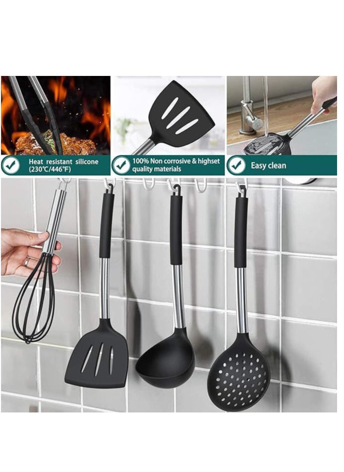 Chef Silicone Cooking Utensil Set, 15pcs Silicone Cooking Kitchen Utensils Set, Non Stic Best Kitchen Cookware With Stainless Steel Handle,(Black)