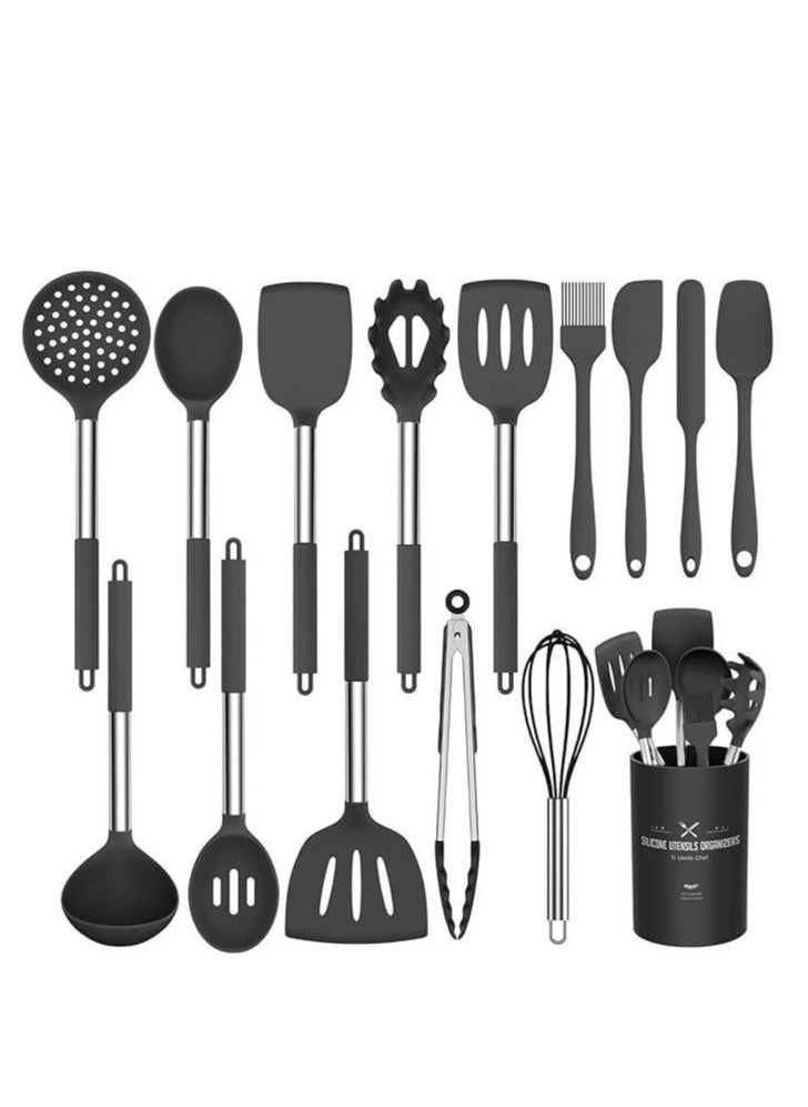 Chef Silicone Cooking Utensil Set, 15pcs Silicone Cooking Kitchen Utensils Set, Non Stic Best Kitchen Cookware With Stainless Steel Handle,(Black)