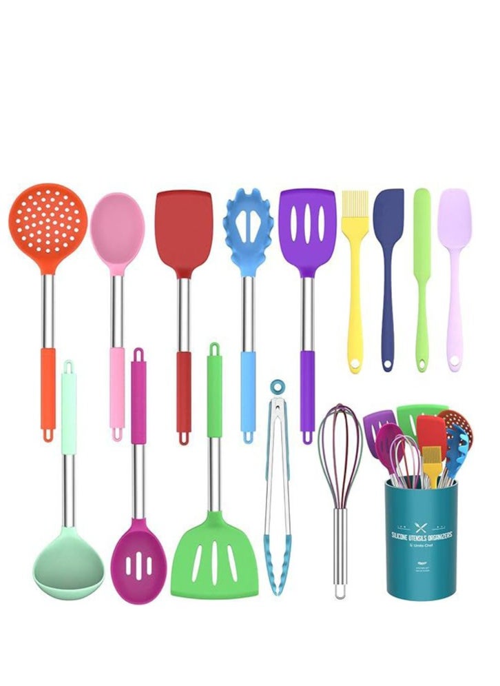 Chef Kitchen Utensils Set 15 Pieces Silicone Heat Resistant Non-Stick Bpa Free Stainless Steel Handle Spatula Spoon Tongs Whisk Cookware, (Colourful)