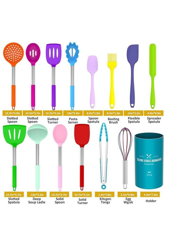 Chef Kitchen Utensils Set 15 Pieces Silicone Heat Resistant Non-Stick Bpa Free Stainless Steel Handle Spatula Spoon Tongs Whisk Cookware, (Colourful)