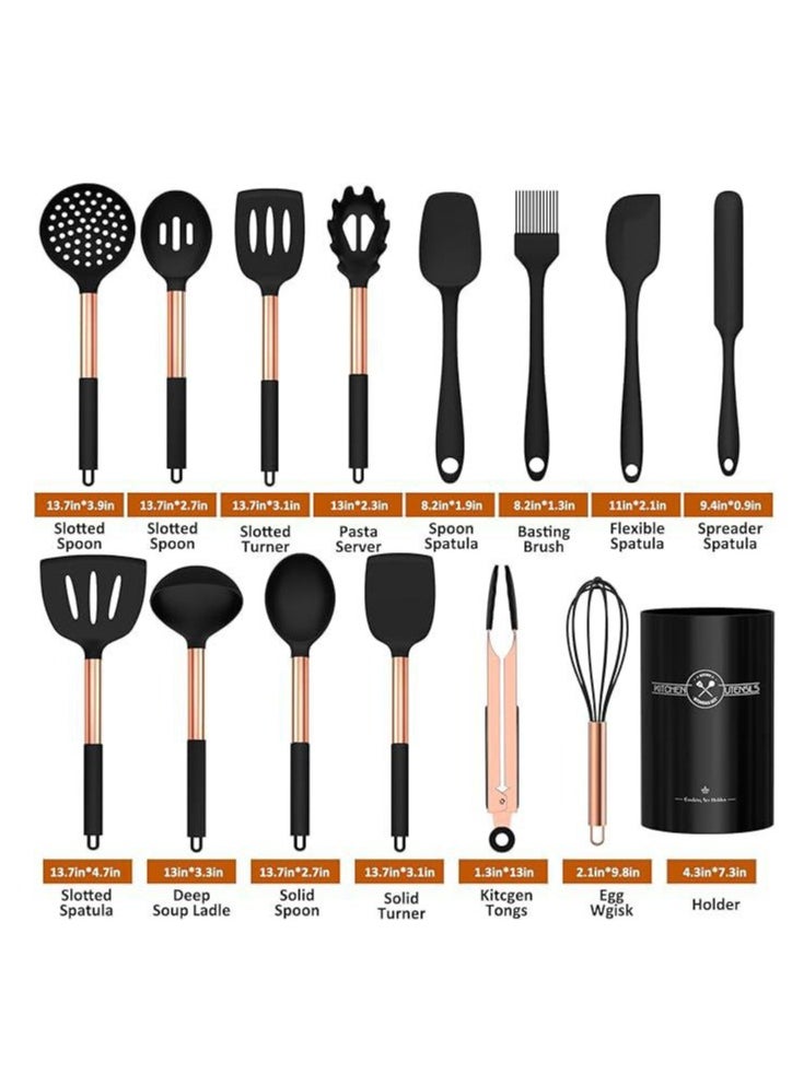 Chef Silicone Cooking Utensil Set, 15pcs Silicone Cooking Kitchen Utensils Set, Non Stic - Best Kitchen Cookware With Stainless Steel Handle, (Black-Rose Gold)