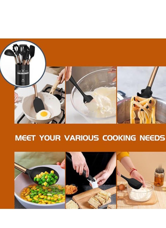 Chef Silicone Cooking Utensil Set, 15pcs Silicone Cooking Kitchen Utensils Set, Non Stic - Best Kitchen Cookware With Stainless Steel Handle, (Black-Rose Gold)