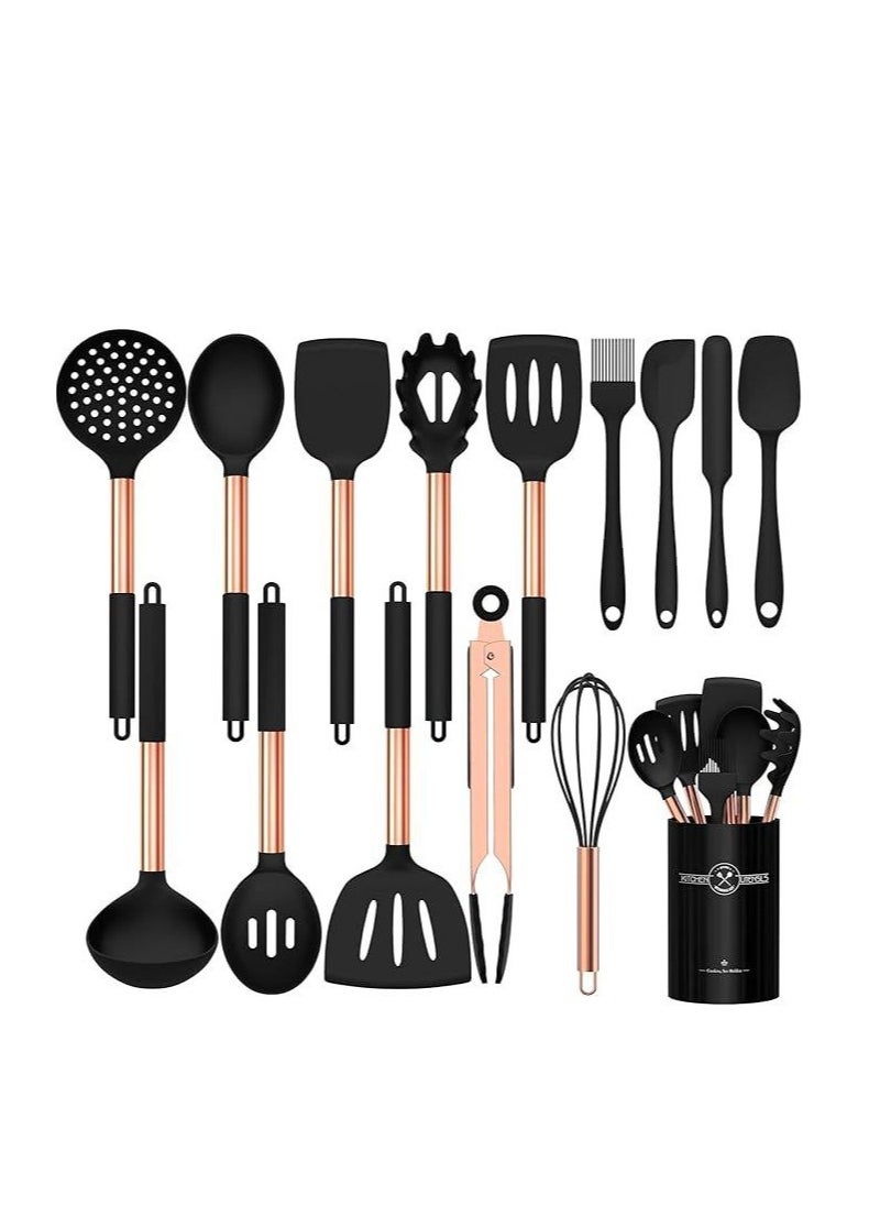 Chef Silicone Cooking Utensil Set, 15pcs Silicone Cooking Kitchen Utensils Set, Non Stic - Best Kitchen Cookware With Stainless Steel Handle, (Black-Rose Gold)