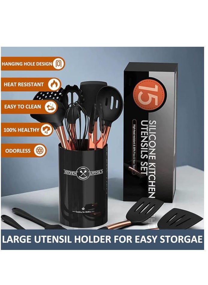 Chef Silicone Cooking Utensil Set, 15pcs Silicone Cooking Kitchen Utensils Set, Non Stic - Best Kitchen Cookware With Stainless Steel Handle, (Black-Rose Gold)