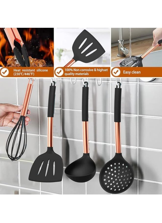 Chef Silicone Cooking Utensil Set, 15pcs Silicone Cooking Kitchen Utensils Set, Non Stic - Best Kitchen Cookware With Stainless Steel Handle, (Black-Rose Gold)