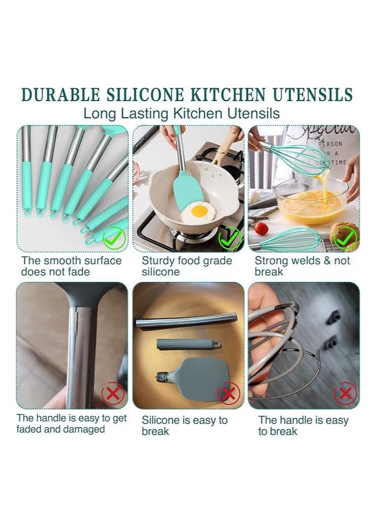 Chef Silicone Cooking Utensil Set, 15pcs Silicone Cooking Kitchen Utensils Set, Non Stic - Best Kitchen Cookware With Stainless Steel Handle, (Green)