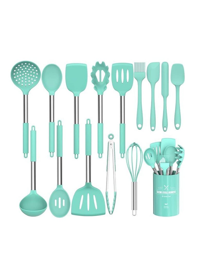 Chef Silicone Cooking Utensil Set, 15pcs Silicone Cooking Kitchen Utensils Set, Non Stic - Best Kitchen Cookware With Stainless Steel Handle, (Green)