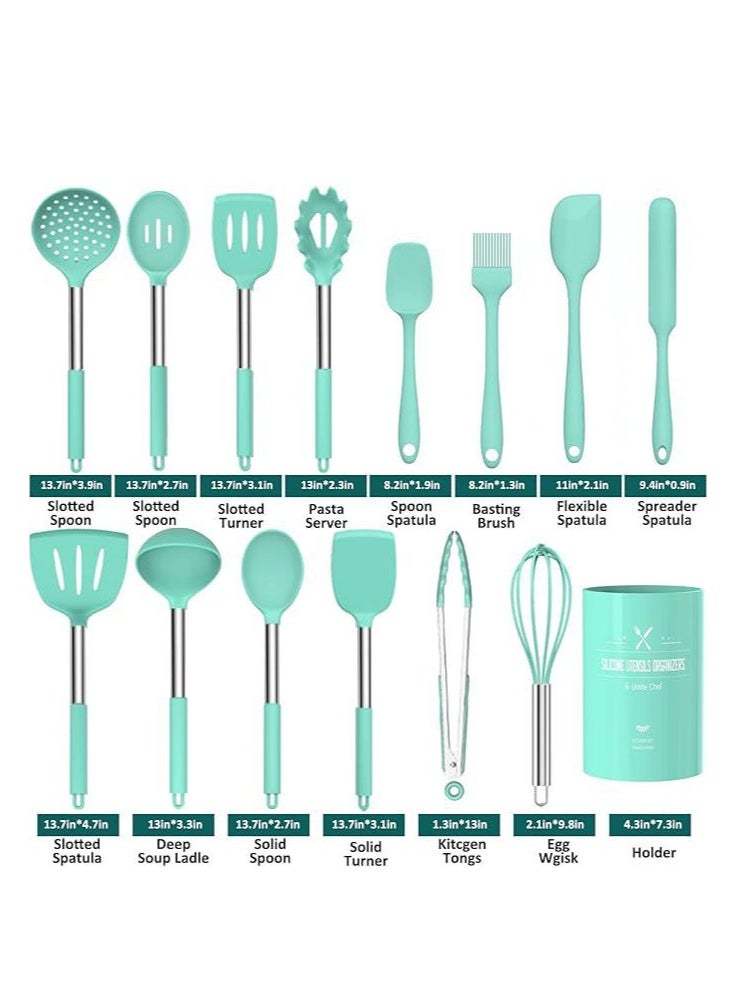 Chef Silicone Cooking Utensil Set, 15pcs Silicone Cooking Kitchen Utensils Set, Non Stic - Best Kitchen Cookware With Stainless Steel Handle, (Green)