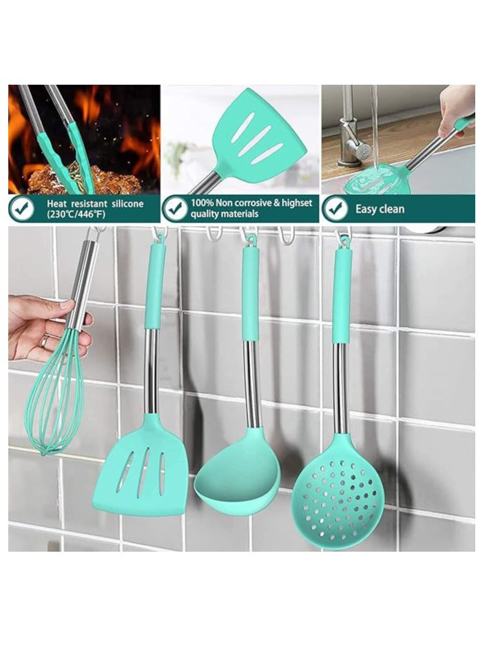 Chef Silicone Cooking Utensil Set, 15pcs Silicone Cooking Kitchen Utensils Set, Non Stic - Best Kitchen Cookware With Stainless Steel Handle, (Green)