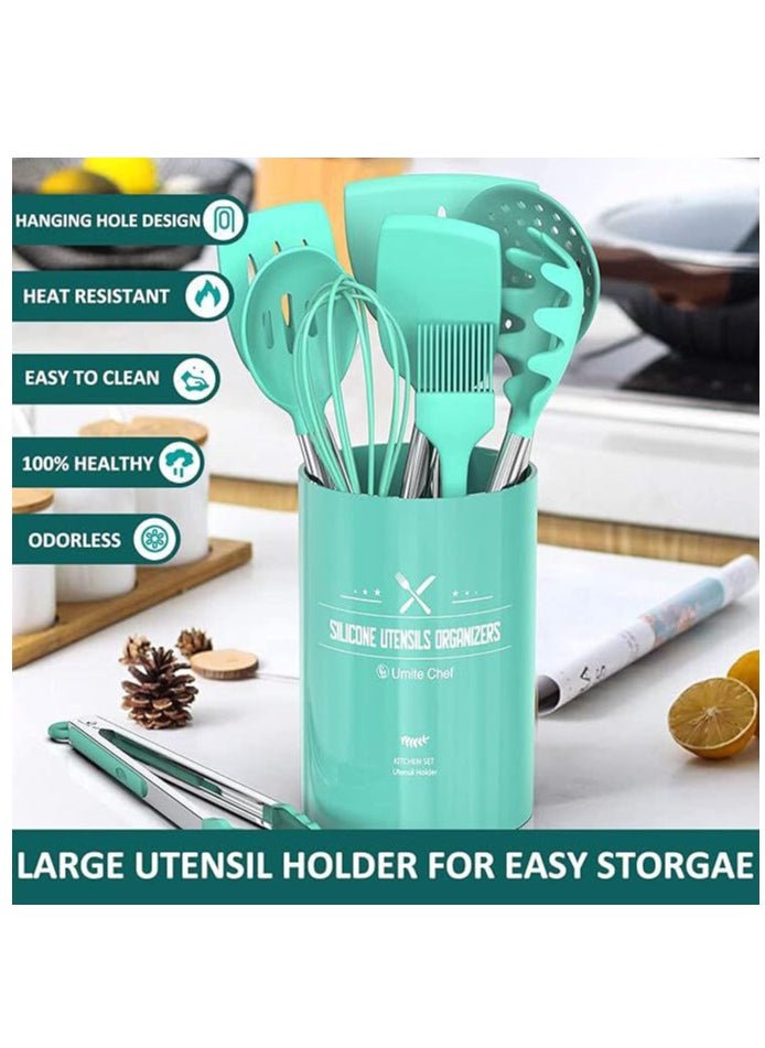 Chef Silicone Cooking Utensil Set, 15pcs Silicone Cooking Kitchen Utensils Set, Non Stic - Best Kitchen Cookware With Stainless Steel Handle, (Green)