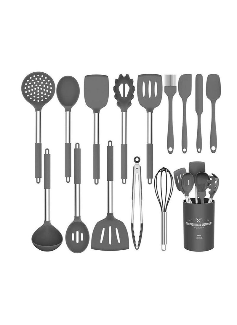 Chef Kitchen Utensils Set 15 Pieces Silicone Heat Resistant Non-Stick BPA Free Stainless Steel Handle Spatula Spoon Tongs Whisk Cookware (Grey)