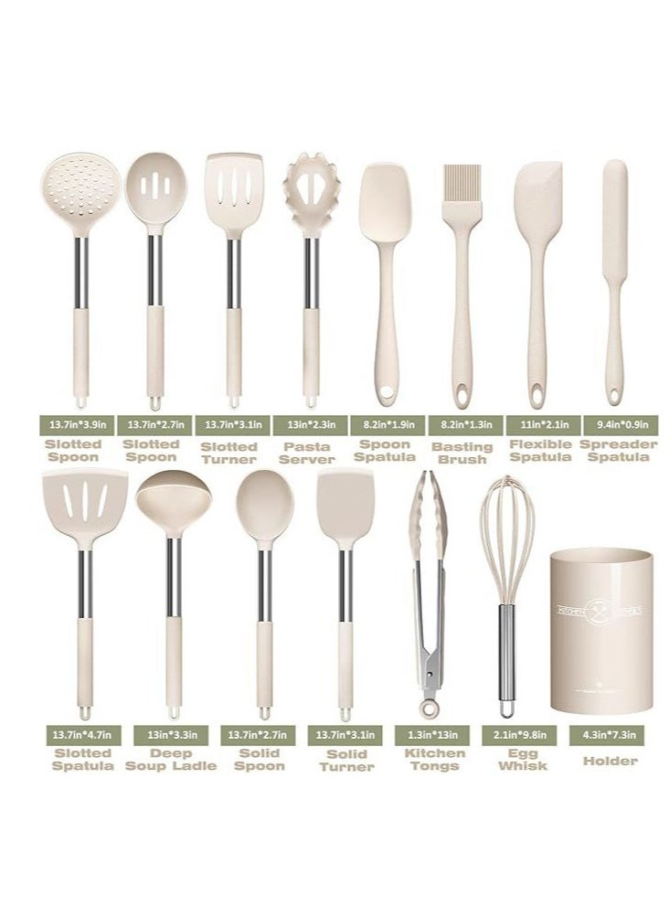 Chef Silicone Cooking Utensil Set, 15pcs Silicone Cooking Kitchen Utensils Set, Non-stick - Best Kitchen Cookware with Stainless Steel Handle, (White Marble)